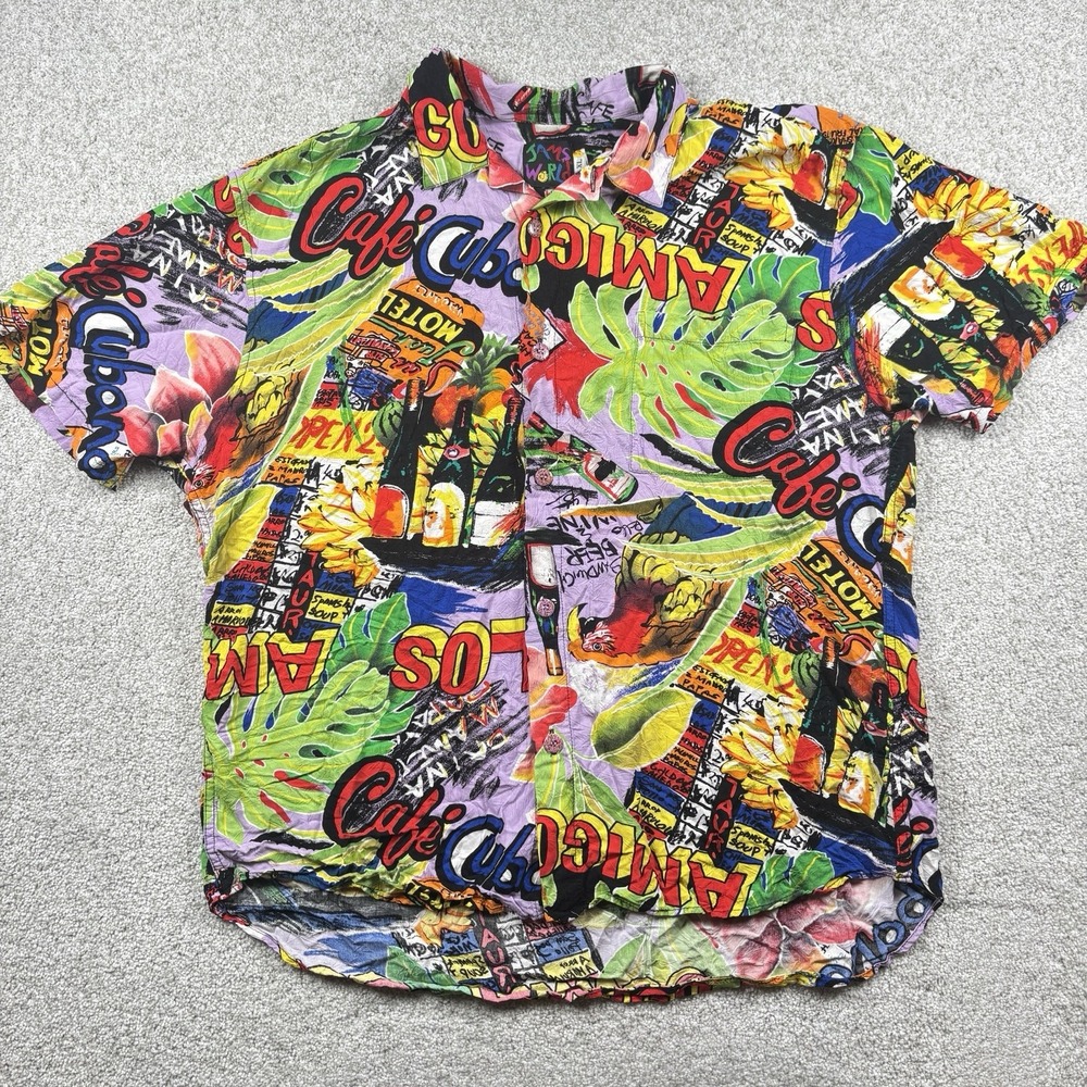 Vintage Jams World Cafe Cubano 100% Rayon Hawaiian Aloha Shirt Size XL